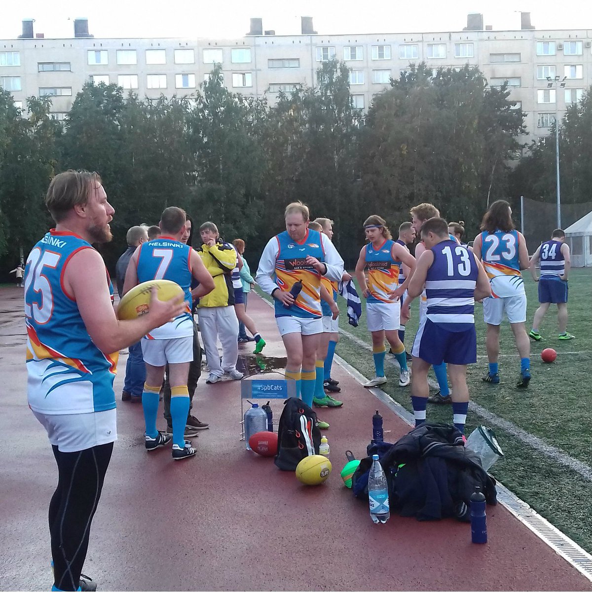 SpbCats's tweet photo. @helsinki.heatseekers on the bench in Russia. Tomorrow is our  turn, going to Finland #spbcats #AFLSPb #aflrussia #aussierulesrussia  #aussierules #aflwords #aflnews #saintpetersburgcats https://t.co/fI1a4u3buB