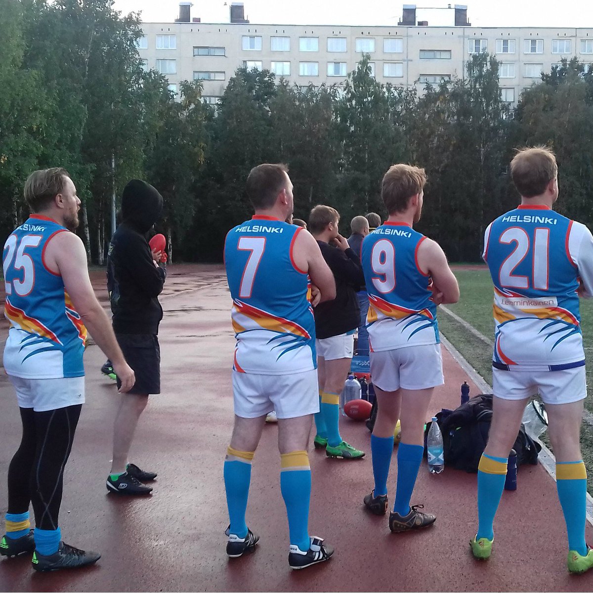 SpbCats's tweet photo. @helsinki.heatseekers on the bench in Russia. Tomorrow is our  turn, going to Finland #spbcats #AFLSPb #aflrussia #aussierulesrussia  #aussierules #aflwords #aflnews #saintpetersburgcats https://t.co/fI1a4u3buB