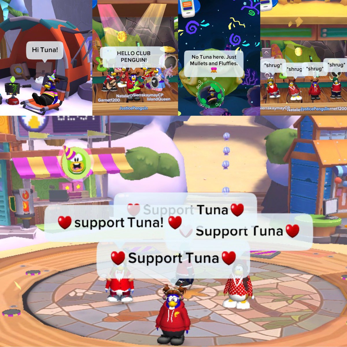 gamedevliza's tweet photo. Friends meeting on the island and sending love to @XTlNAX :) Sending love, and shrugs, from penguin land! ❤️💜❤️ 🐧 #SupportForTuna https://t.co/jNRXgCQrbi