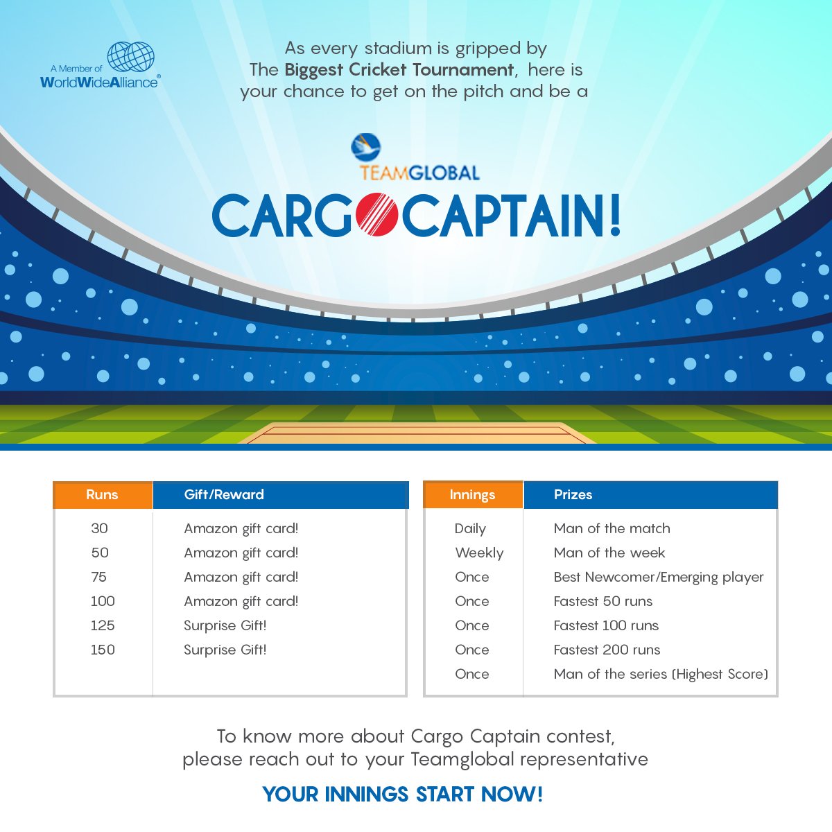 Teamglobal_Log's tweet image. Here is how you can make runs and be a #Teamglobal CARGO CAPTAIN! Make 30 runs to be eligible for the contest in 1s, 2s, 4s and 6s- the boundary is all open for you! To know more, get in touch with your Teamglobal representative!

#CargoCaptain #WorldCup2019 #WorldCupFever