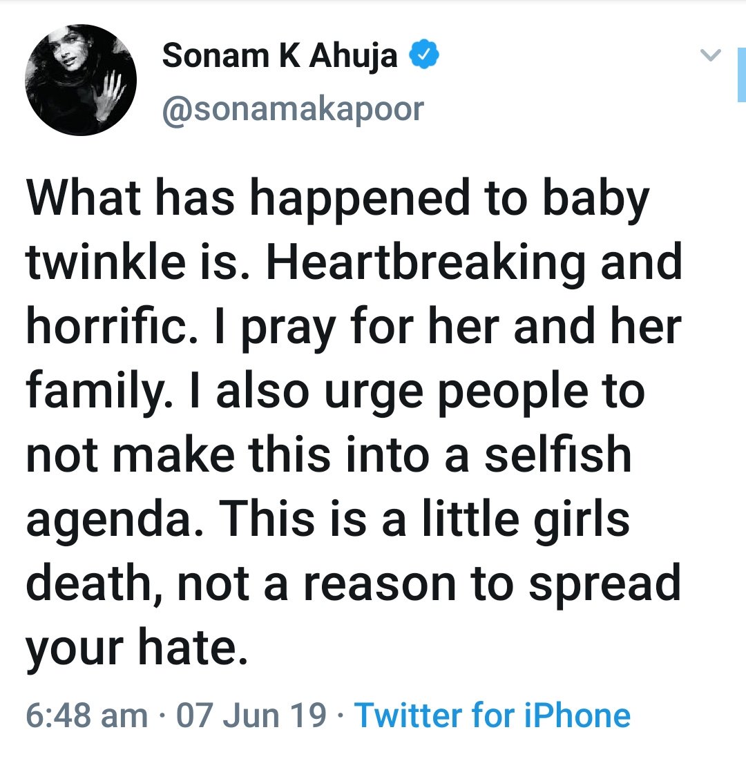 MrsGandhi's tweet photo. After shamelessly communalising the Kathua rape case she is now giving sermons to others to not spread hate!
Your selective concern for the girl child depending on her religion &amp; the timing of your movie release is so out in the open @sonamakapoor!! #JusticeForTwinkleSharma https://t.co/pMK3reOxg3