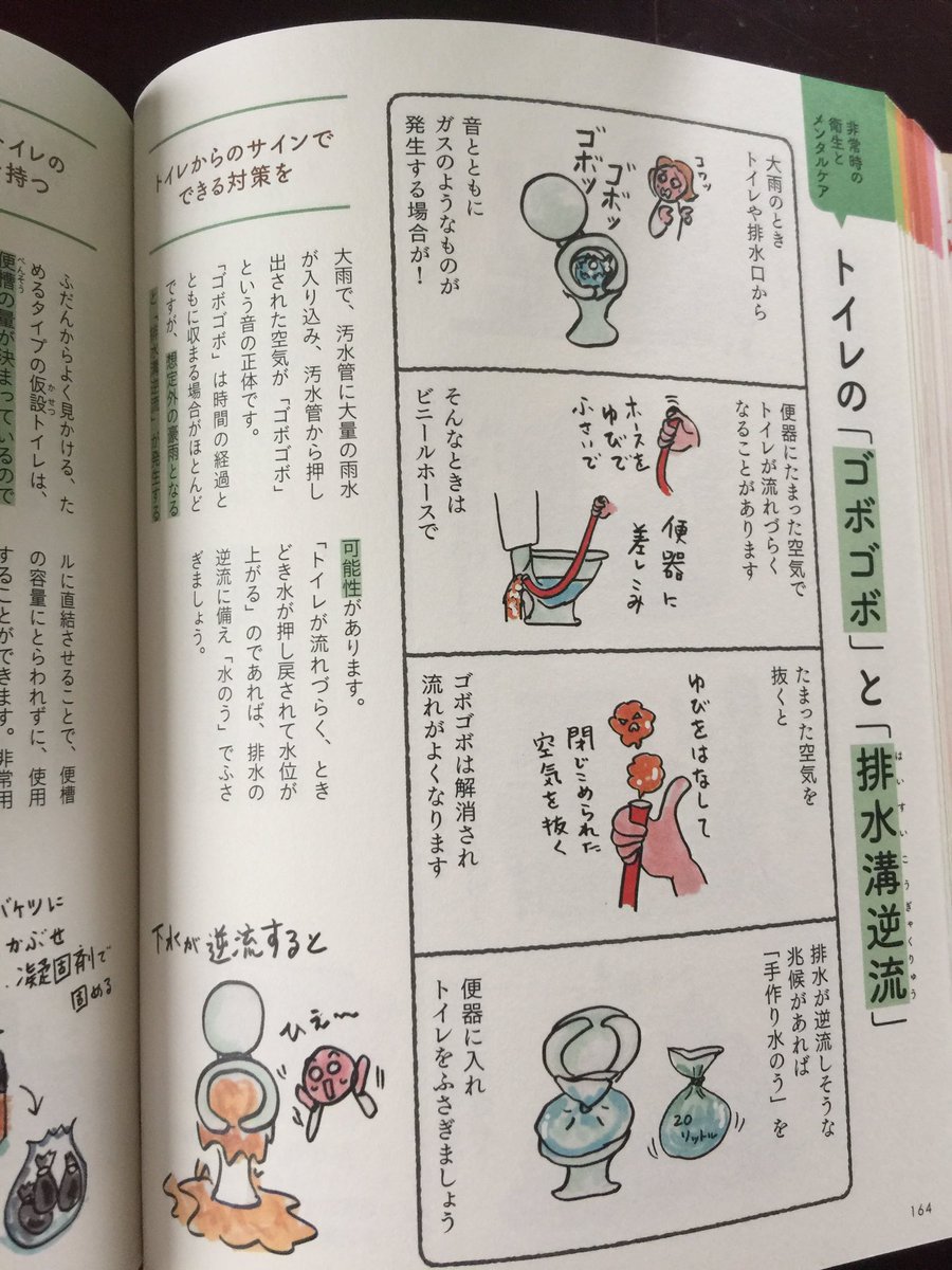 下水が逆流して、大変な事になる前に、一工夫してから避難してください。一階の水回り部分は注意。#4コマですぐわかる新みんなの防災ハンドブック #大雨 #豪雨 #避難 #梅雨入り #下水対策