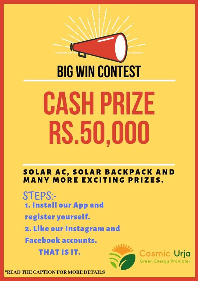 UrjaCosmic's tweet photo. Follow these simple steps and WIN Rs.50,000, Solar AC, Solar backpack and many more
-Install our App from play store and register yourself.
( https://t.co/BUS56qtnRL )
-Follow &amp; Like our Instagram and Facebook pages and be a part of family.
That's it #cosmicurjacontest #50kprize https://t.co/MA1KzI6RgZ