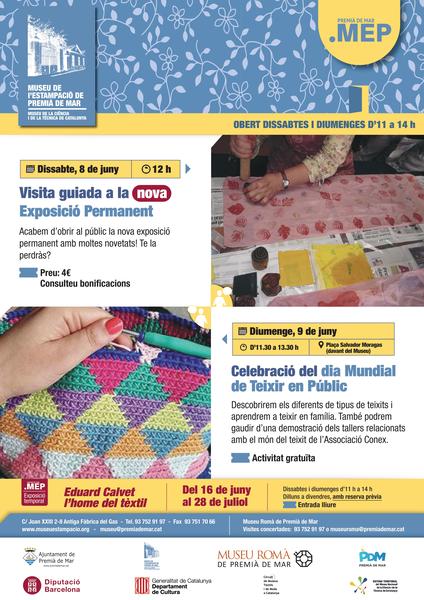 museuestampacio's tweet photo. Dissabte 8 de Juny
Visita guiada a la nova exposició permanent
12h, al MEP
Diumenge 9 de Juny
Descobreix el diferents tipus de teixits i aprèn a teixir en família
12h, al MEP
#museu #estampats #cultura #capdesetmana #PremiàDeMar
https://t.co/vFUJoZRd7Q https://t.co/snYnPjIfjb