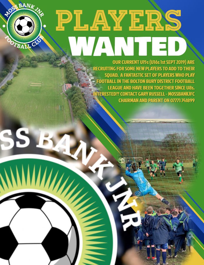 #MossBankJFC our U16s Eagles 2019/20 season are looking to add to their squad. They play in the <a href="/OfficialBBDFL/">Bolton, Bury & District Football League</a> you will be joining a team with the focus on enjoyment with a fantastic set of players, parents &amp; coaches. A great club ethos - contact Gary on 07771 741899 <a href="/GaryGsr/">Gary Russell</a> RT