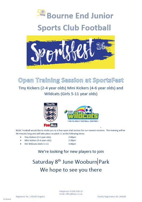 bejscsportsfest's tweet photo. Join us for free trial sessions from 2.00 at #SportsFest26 in #WooburnGreen 8th June Pitch 11 #SSEWildcats #TinyKickers #MiniKickers @BEJSC1970 @wildcatsbejsc https://t.co/O0zTdKqD4o