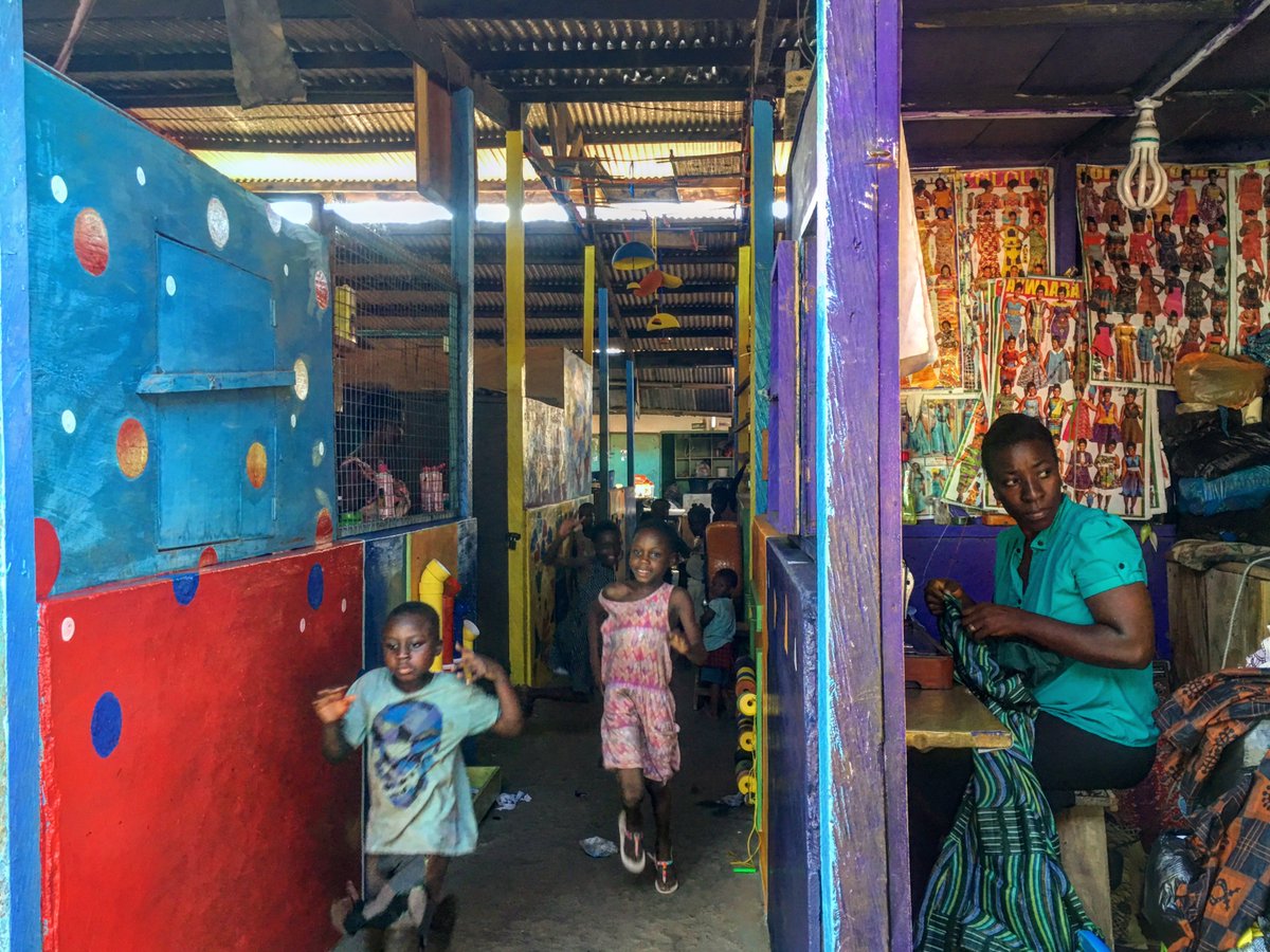 Mmofra_Ghana's tweet photo. 2/3 Lessons from designing #play into 2 markets in #Ghana w/ @TheGriotIntro - When space is scarce, go vertical, use color &amp; patterns on surfaces that are seen as enhancing without infringing on commercial stalls #publicmarkets19 #citiesforkids #informal https://t.co/Zluu5drARK