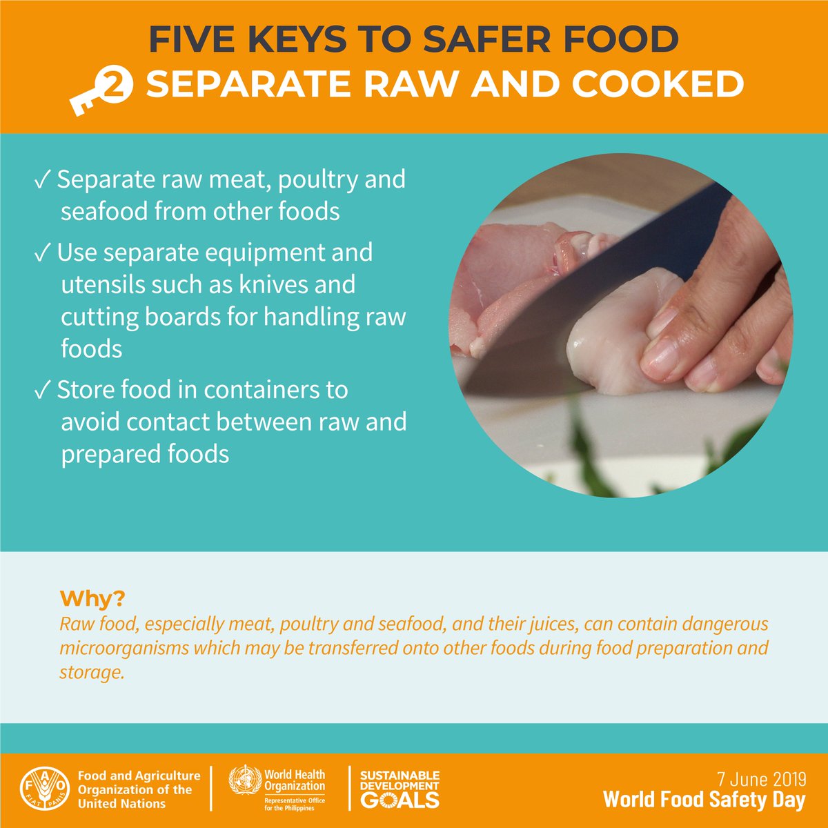 WHOPhilippines's tweet photo. 🗝️ 2⃣: Separate raw and cooked
Use separate equipment and utensils such as knives and cutting boards for handling raw foods. Store food in containers to avoid contact between raw and prepared foods.

#FoodSafety starts with you! https://t.co/Yh5cIC2z1W