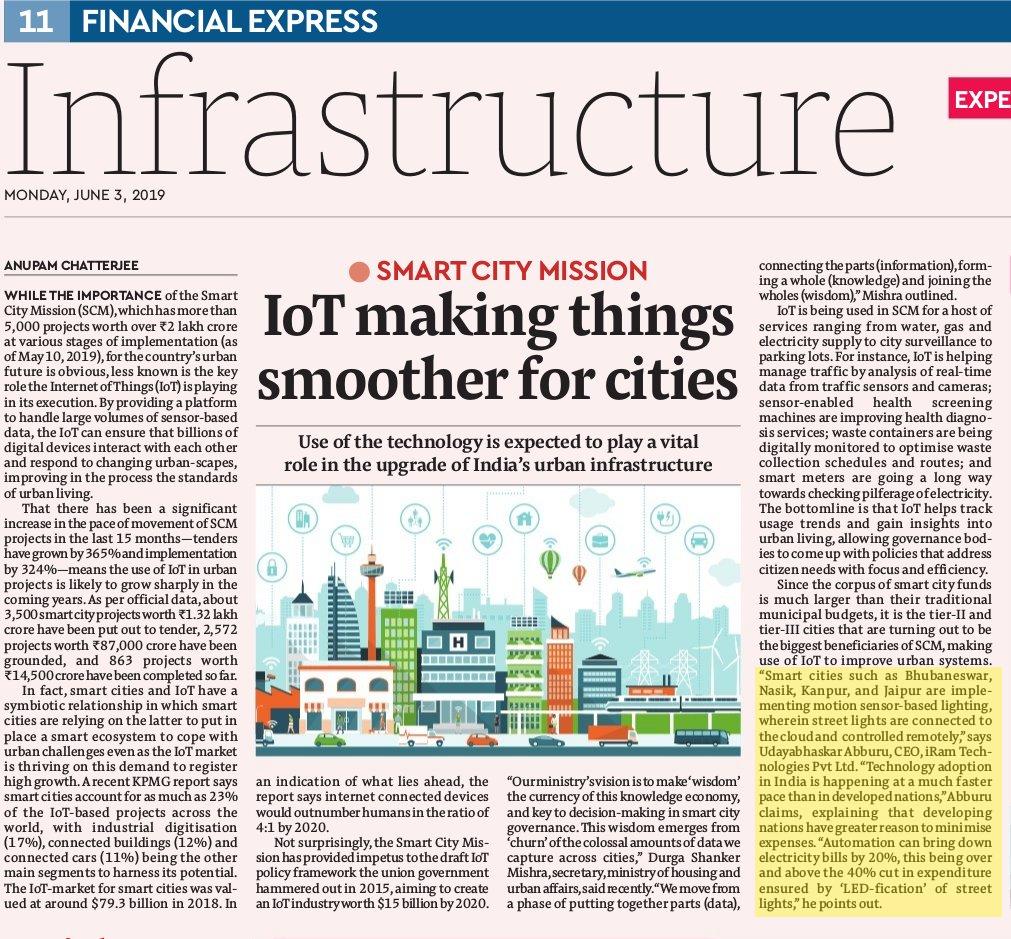 iRamTechnology's tweet photo. Read our CEO & Managing Director, Uday @UdayAbburu quote in Financial Express in their article on IoT & its adoption in Smart Cities
#SmartCity #SmartParking #DigitalPayment #ePayment #SmartLighting #SmartPoles #EnergySaving #SmartEnvironmentSolutions #IoT #iRamTechnologies https://t.co/ySMDmIRAMk