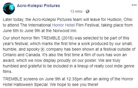 acrokolepsi's tweet photo. #Tremble screens at the @horrorhotelshow film festival in Hudson, OH this Sun, June 9th at 12:35pm!

Tickets, location, &amp; schedule: https://t.co/jaN1W9Sspo

Starring: Andrew Thorndyke, @DwaiPinkRambo, @SerenaMerucci, @samuel_jowett, @MattPolProf, &amp; Brendan Nickels https://t.co/6k25v5hRsm