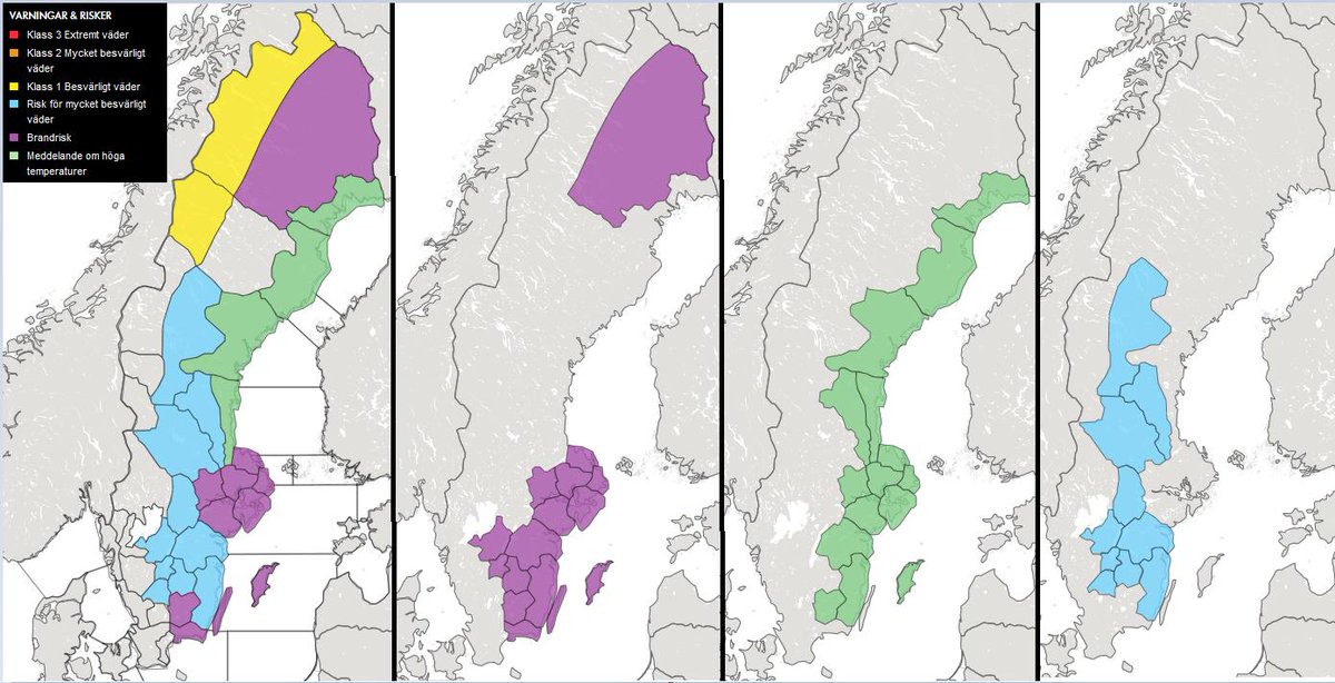 SMHIvader's tweet photo. Vi har flera #varningar och #risker utfärdade idag. Risk för kraftig åska (blått), brandrisk (lila), meddelande om höga temperaturer (grönt) samt klass 1 varningar för höga flöden (gult) https://t.co/AN9ykXKW8s https://t.co/vVVtYV45P8