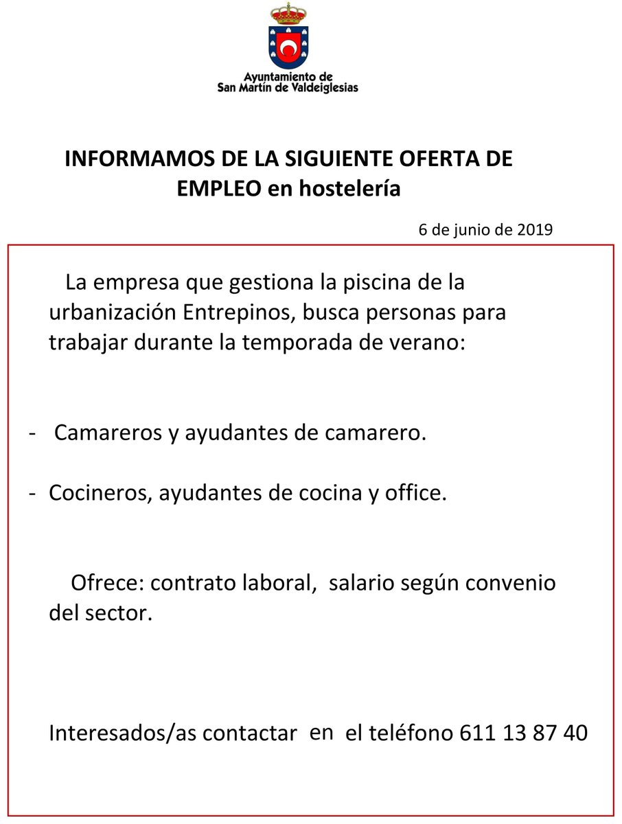 Oferta de empleo para trabajar en verano en el sector de la hostelería