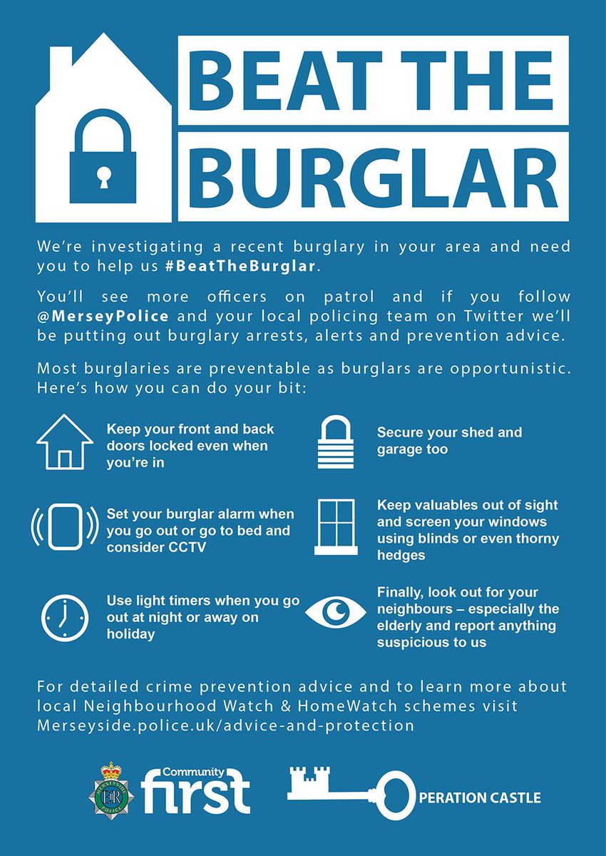 MerPolTuebrook's tweet image. Burglary Warning - #Broadgreen and Surrounding areas. This week a number of properties have been burgled whereby the front door lock has been 'snapped or popped'. Please keep your property secure and follow the simple advice below. #CommunityFirst