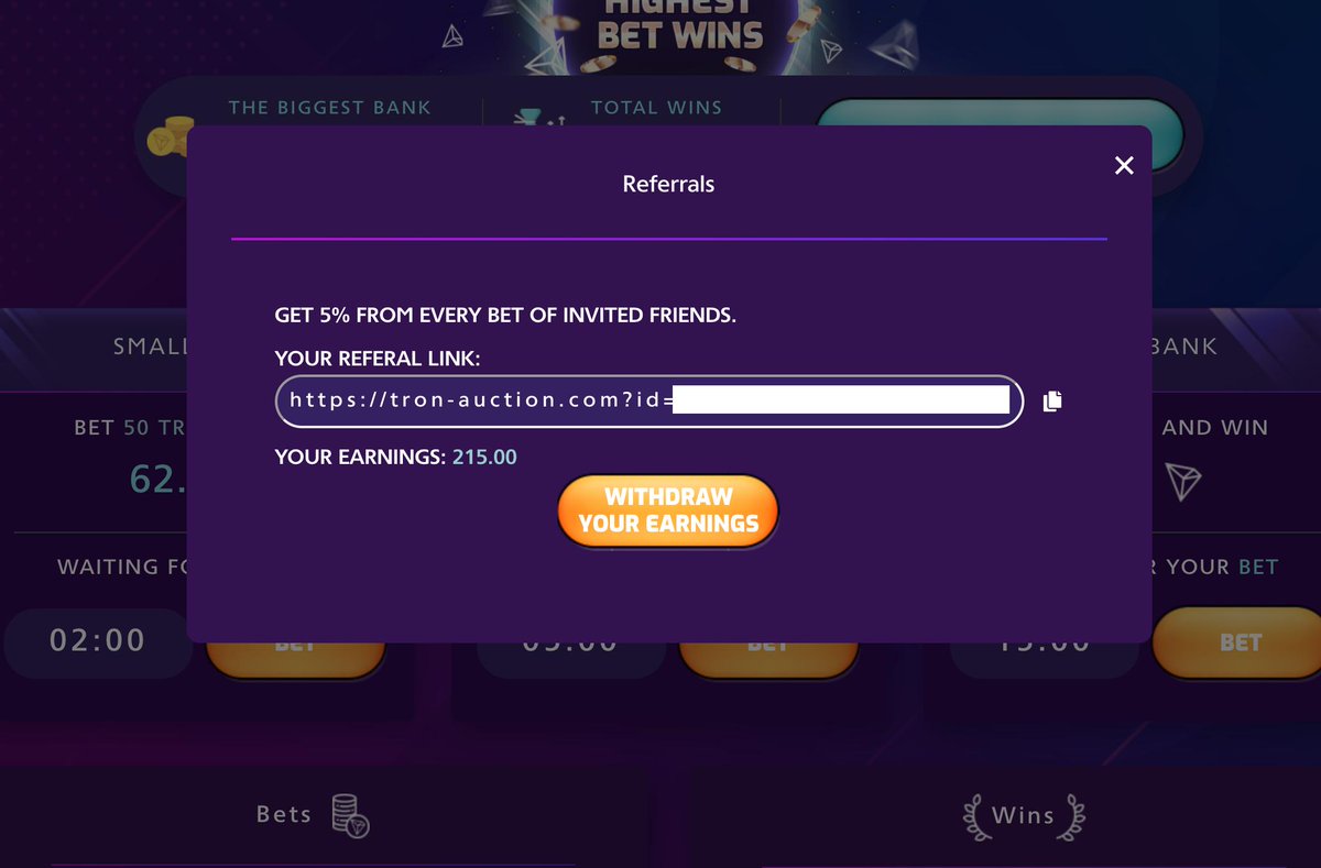 AuctionTron's tweet photo. Referrals. 

Earn 5% of each bet of your invited friends. 

#TRX #TRON #Dapps #Auction https://t.co/zl0fPPgE24