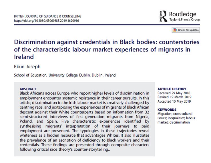 The skin colour suggested by nationality of descent or foreign sounding names is a major determinant of labour market experiences of people of migrant descent in Ireland. Time to address this issue. Ask for application feedback! Read more in my article  tandfonline.com/doi/abs/10.108…
