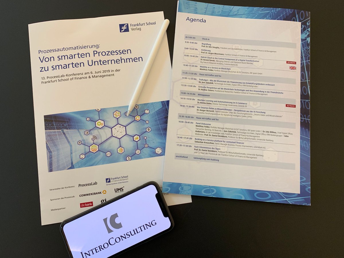 InteroConsult's tweet image. Gestern fand das 13. #ProcessLab der @FrankfurtSchool statt. Zum Motto „Von smarten Prozessen zu smarten Unternehmen“ ging es um neue Technologien wie #Blockchain und #KI. @InteroConsult war vertreten, um auch in diesen Bereich für unsere Kunden und Projekte up-to-Date zu sein.