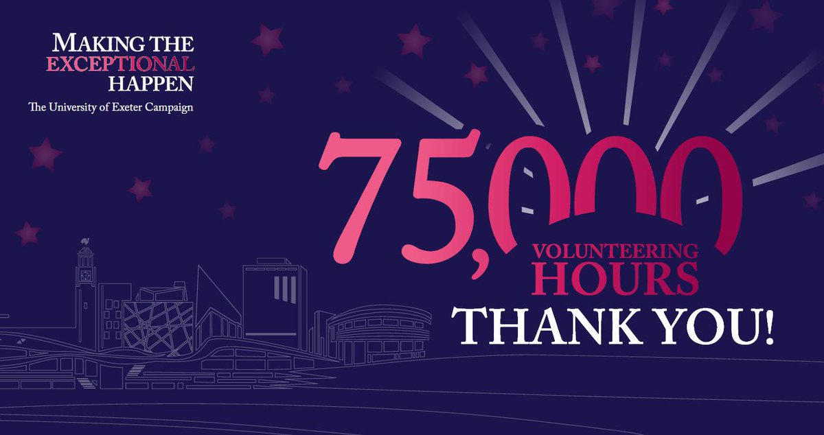 UniofExeterNews's tweet photo. Exeter graduates donate over 75,000 hours to help Devon &amp; Cornwall students thrive. 
The @UniofExeter is delighted to announce that since 2012 #ExeterAlumni have donated over 75,000 hours to the ‘Making the Exceptional Happen’ Campaign! #VolunteersWeek https://t.co/MfRSmr6uIa https://t.co/vgQrK9F73e