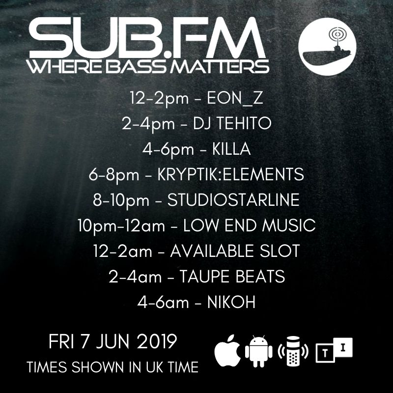 SubFM's tweet image. The lineup for Friday 7th June 2019

Sub.FM

@KryptikElementz @djsyte @freudubs @StudioStarline

#Dubstep #UKGarage #BassMusic #DnB #Grime #Dub #Reggae #House #Techno #Juke #Bass #Radio