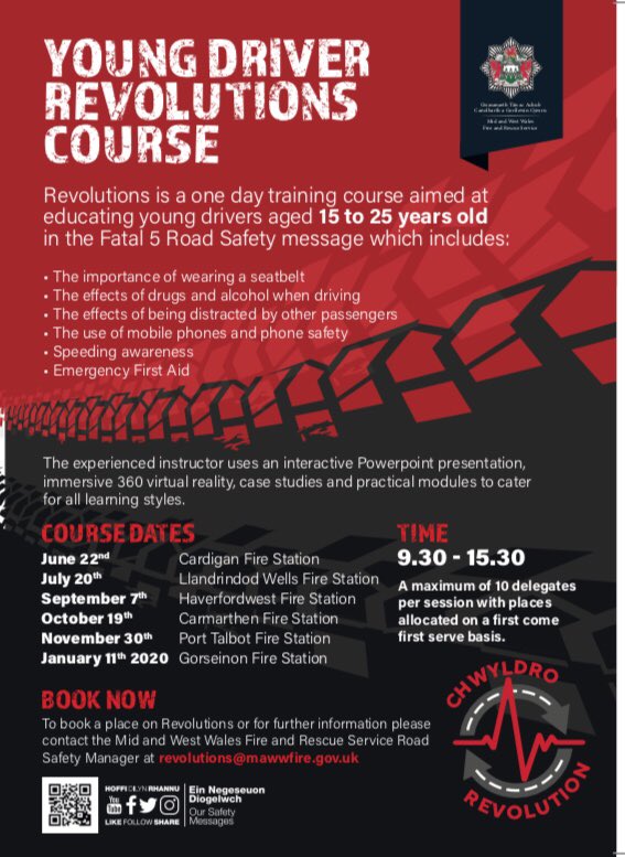 Dates are now available for <a href="/MAWWRoadSafety/">Tîm DF / RS Team</a> young driver Revolutions course <a href="/mawwfire/">Tân CGC / MAWW Fire</a> <a href="/RoadSafetyWales/">Road Safety Wales</a> #makingroadssafer