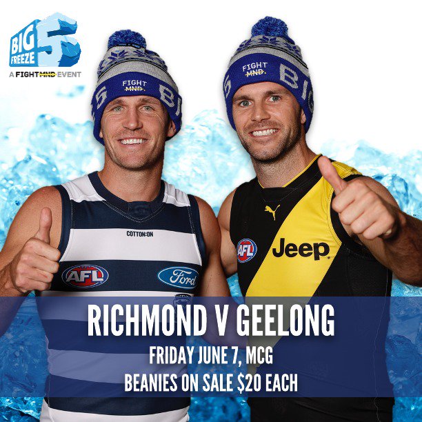 FightMND's tweet photo. The #BigFreeze5 beanies are now only available at selected @AFL games until June 20 - starting tonight @MCG. So @Richmond_FC &amp; @GeelongCats, get amonsg it for just $20. Gate 2, in between gates 2 &amp; 3 &amp; at gate 4. https://t.co/iaRZ26nOQE