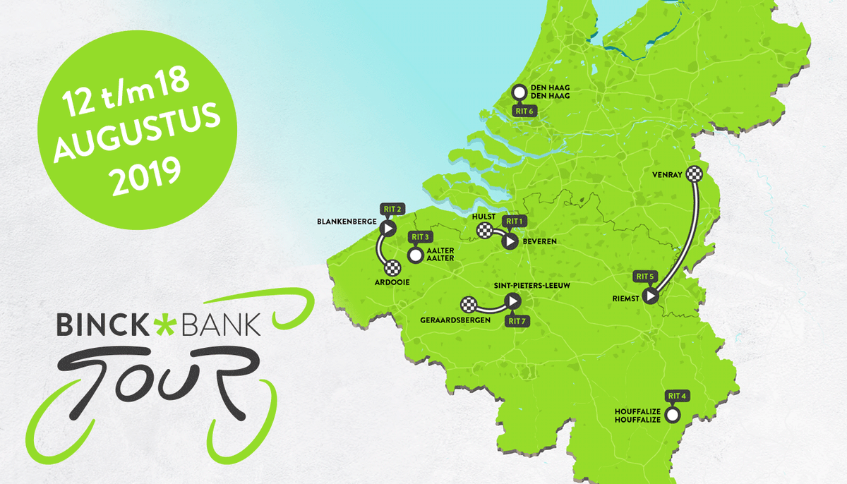 saxobank_nl's tweet photo. Het #parcours van de @BinckBankTour 2019 is bekend! Met 7 #etappes, 11 steden en in totaal bijna 950 KM. Meer weten? 👉 https://t.co/IlJR0LHNti https://t.co/lBkRAXEo1L