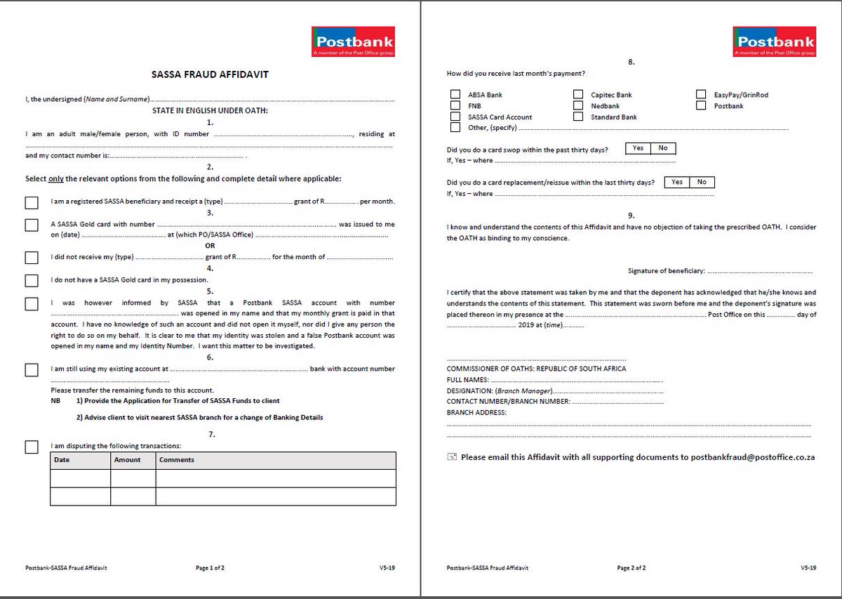 Sa Post Office On Twitter Please Complete An Affidavit At Your