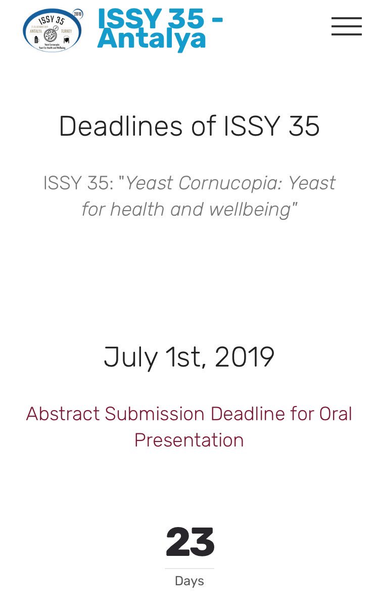 ISSY2019's tweet photo. Have a great weekend Yeast Community and don’t miss the abstract submission deadline! #issy35 #Antalya #Turkey https://t.co/Gtslz7bvTH https://t.co/0fwfEGg0QO