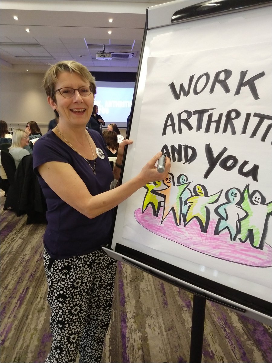 ClaireJStevens's tweet photo. Getting ready for the start of @ScotVArthritis meeting on work, arthritis and you in Glasgow. Thanks to @stephenjfyfe for photos of me warming  up for my #visualscribing role today! @VHSComms https://t.co/MklKDrEP7a
