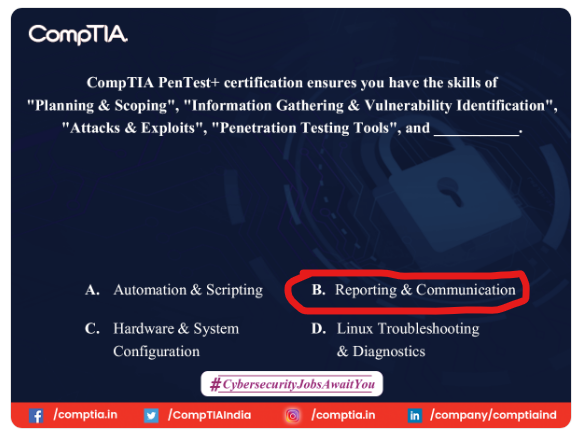 spokenatlast's tweet image. Ans) B. Reporting &amp;amp; Communication

#CybersecurityJobsAwaitYou #CompTIAIndia #Contest 

Join

@pratikzart 
@auk_sanejourno 
@_bold_kitten 
@lavishkumar_17 
@Sana_Tokre 
@ShantiVB6 
@acidkidrock 
@Singh3315V