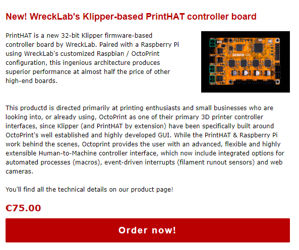 wrecklab's tweet image. Great News! We are finally on Reprapworld and printHATs are selling really fast! Make sure you get one before they go out of stock! #3Dprinting #Fast3dPrinting #klipper3d #printHAT