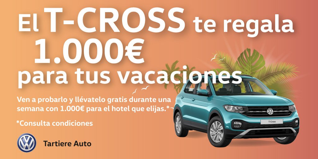 🚨 EN JUNIO, EL T-CROSS REGALA 1.000 EUROS 🚨

Participa en el sorteo

➡️ Entra en bit.ly/2V657za y solicita tu cita previa
🚗 Ven a probar el nuevo T-Cross
🍀 Cruza los dedos ¡Puedes ser el ganador/a!

Más info bit.ly/2wG59US 

#1000pavos #TCross #VwTCross