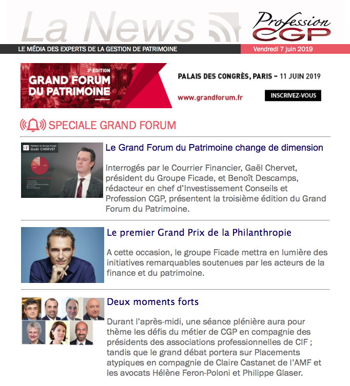 ProfessionCGP's tweet photo. 🔴 #GrandForum2019 
Pour tout savoir sur la 3e édition du Grand Forum du Patrimoine le mardi 11 juin au palais des congrès à Paris, retrouvez notre NewsHebdo Spéciale 
En savoir ➕ https://t.co/FwwB5LapLM
Pour s'inscrire ➡️ https://t.co/pLzIFcdTpT
#GestiondePatrimoine #CGP https://t.co/wZBGObd6uF