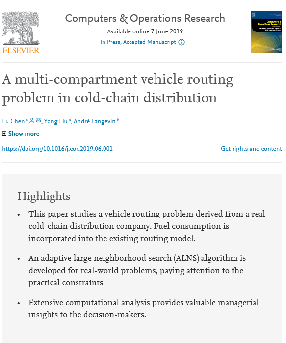 simonjelsevier's tweet photo. An exciting new paper in Computers &amp; Operations Research #CAOR #OR 'A multi-compartment vehicle routing problem in cold-chain distribution' you can view this now here https://t.co/XbpQQGas17 https://t.co/mQF5Qy4fCQ