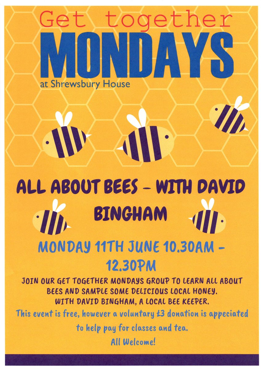 ShrewsburyHse's tweet photo. Our Get Together Mondays 'All About Bees' session is this Monday 10th June at 10.30am, come along and find out all you need to know about these marvellous little creatures! #gettogethermondays #allaboutbees #honey #shrewsburyhousecc #SE18 #community #freeevent #plumstead https://t.co/qJyhFaYtLC