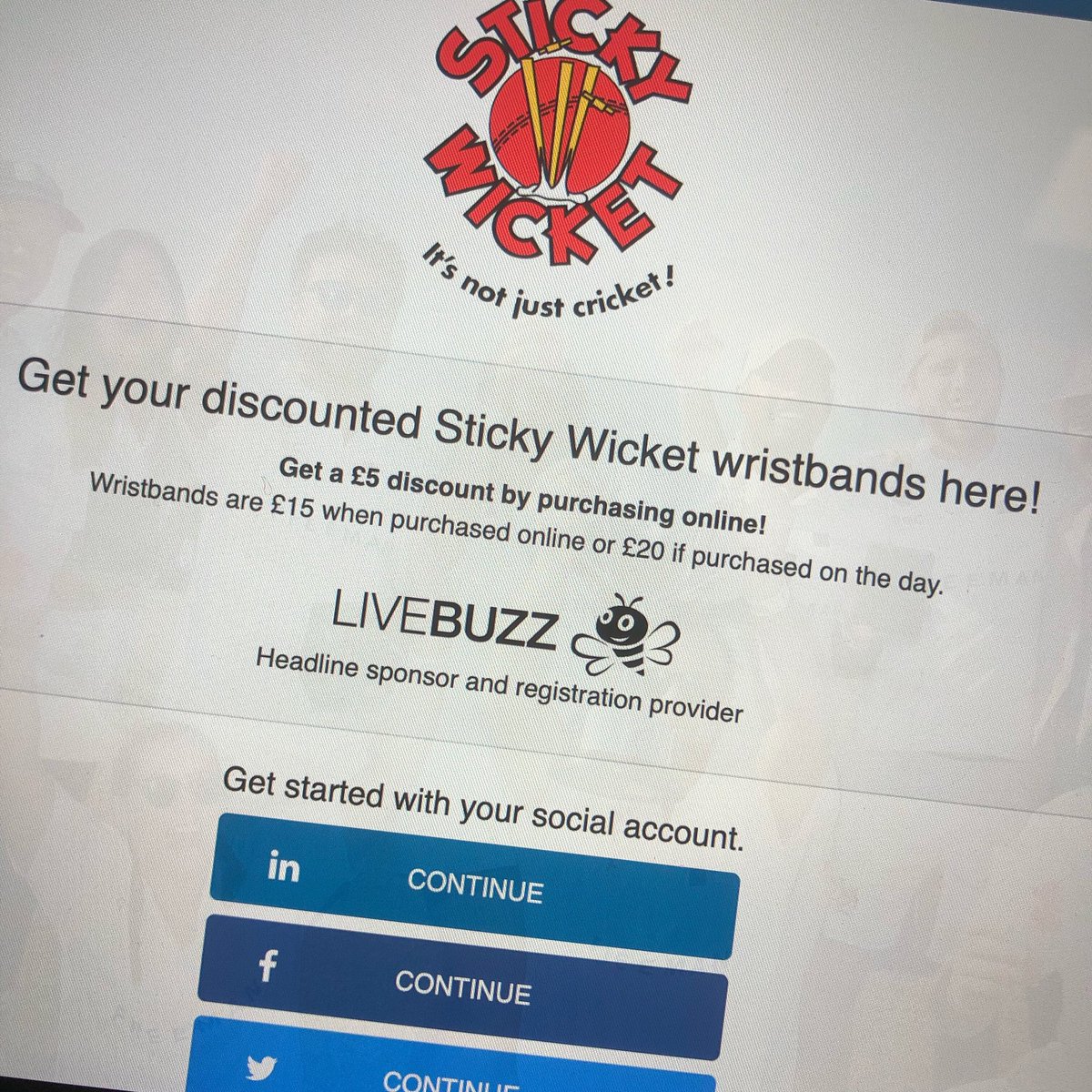 Sticky_Wicket_'s tweet photo. Thanks to our Headline Sponsor and Registration Partner @livebuzzevents you can now purchase your ⭐️discounted⭐️ Sticky Wicket wristbands sponsored by @creativehireltd in advance - https://t.co/Xr2bLpBTvi  🏏 #eventprofs #event #cricket #exhibition #SW2019 https://t.co/Rva1skTolI
