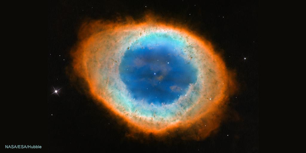 chandraxray's tweet photo. Ring Nebula Ingredients: helium (dark blue), hydrogen/oxygen (light blue), nitrogen/sulfur (reddish-orange). Directions: Bake mid-sized star until it ejects material &amp; forms an envelope of gas called a planetary nebula. Will keep for about 10,000 years. #NationalDoughnutDay 🍩 https://t.co/XoefTIh9jK