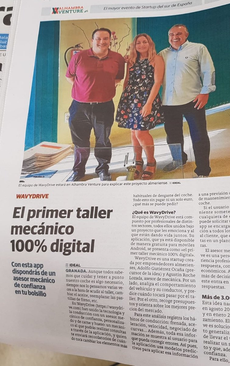 WavyDrive's tweet photo. Hoy estamos en #Granada con #Alhambraventure!
Y salimos en la edición impresa de #ideal_Granada 📰
#wavydrive #alhambraventure #programaminerva #andaluciajunta
#vodafoneempresas
#conduccionsilenciosa
#app #driving #roadsafety
#carsofinstagram #tallerdigital #carreteras https://t.co/7YjdYsqfhO