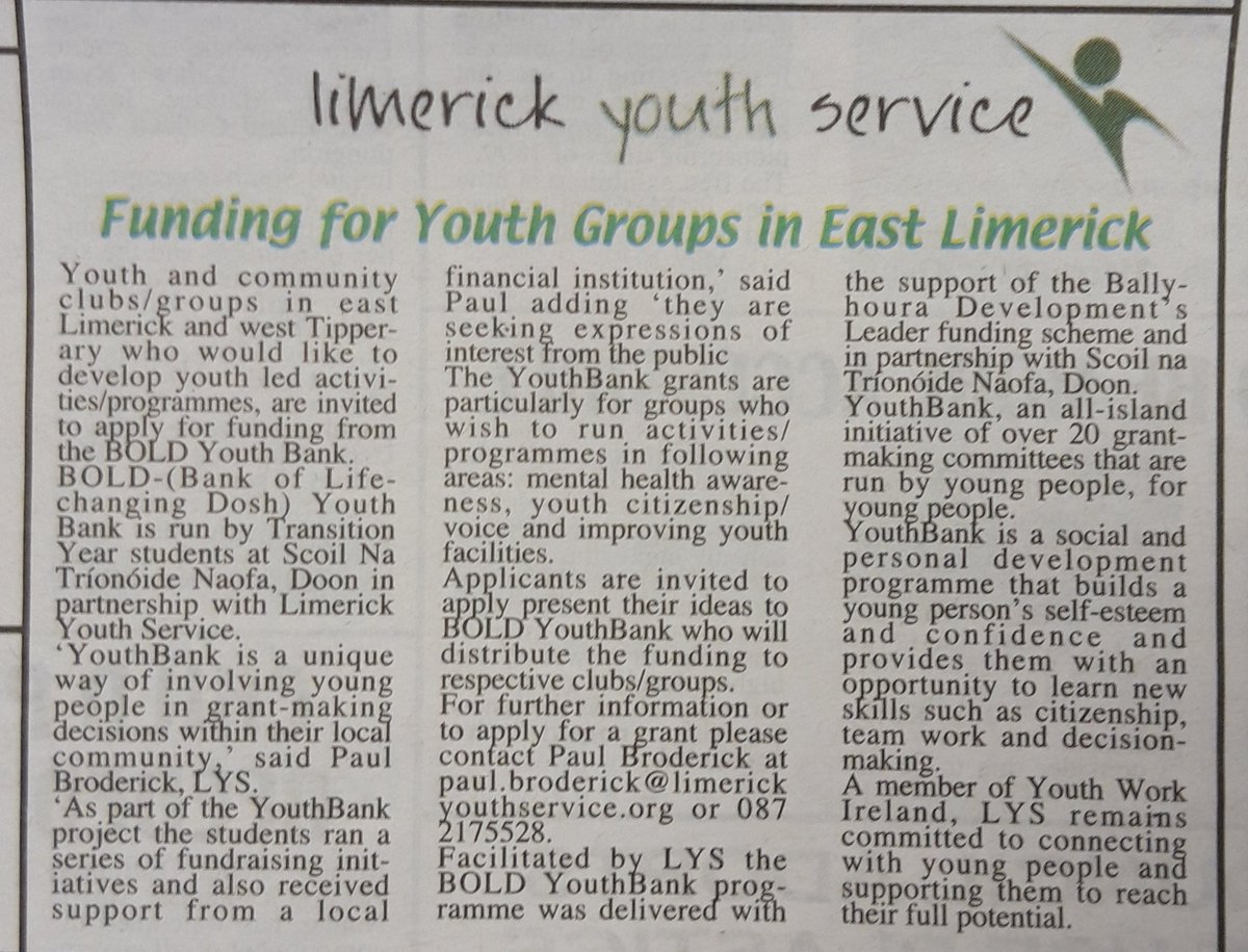 limerickyouth's tweet photo. Calling all East Limerick youth & community groups- #YouthBank is open! See the #ValeStar & #WeeklyObserver for more🗞 @ywirl @YouthBankIRE @STNDoon #limyouth #lys #leader https://t.co/BxzJdNq664