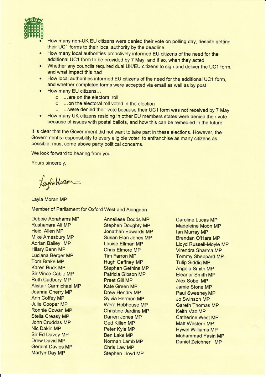 LaylaMoran's tweet photo. Delighted that 68 colleagues from 6 parties have signed the letter I drafted on #DeniedMyVote. We need an urgent inquiry into why so many EU citizens and overseas voters were disenfranchised last month. Read the letter 👇 https://t.co/If0UsB6gDx