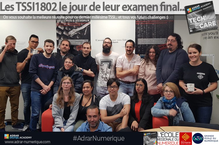 Adrar_Numerique's tweet photo. Début des épreuves 😓 du TP #TSSI, dernier millésime du genre désormais devenu #TSSR La promo TSSI18-02 lui fait honneur. On vous souhaite la meilleure des #réussite-s pour vos futurs challenges #sysadmin #infrastructure #tssi #tssr #reseaux PS : comptez le nb de filles... 👩🏽‍💻😀👍 https://t.co/Xz3LznIA05