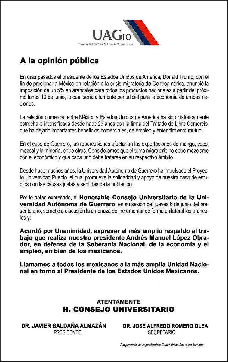 Desplegado de la UAGro y posicionamiento en apoyo al presidente de México <a href="/lopezobrador_/">Andrés Manuel</a>