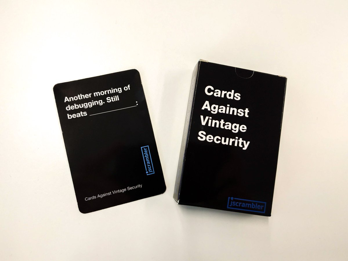 Jscrambler's tweet photo. To all our fellow developers out there having a rough morning debugging: reply below to fill in the blank with whatever comes to mind. The best 3 submissions will get a complete deck.
#WebDev #Programming #Debugging #JavaScript #coderswillknow #programmerslife https://t.co/EBHNyyO9ZA
