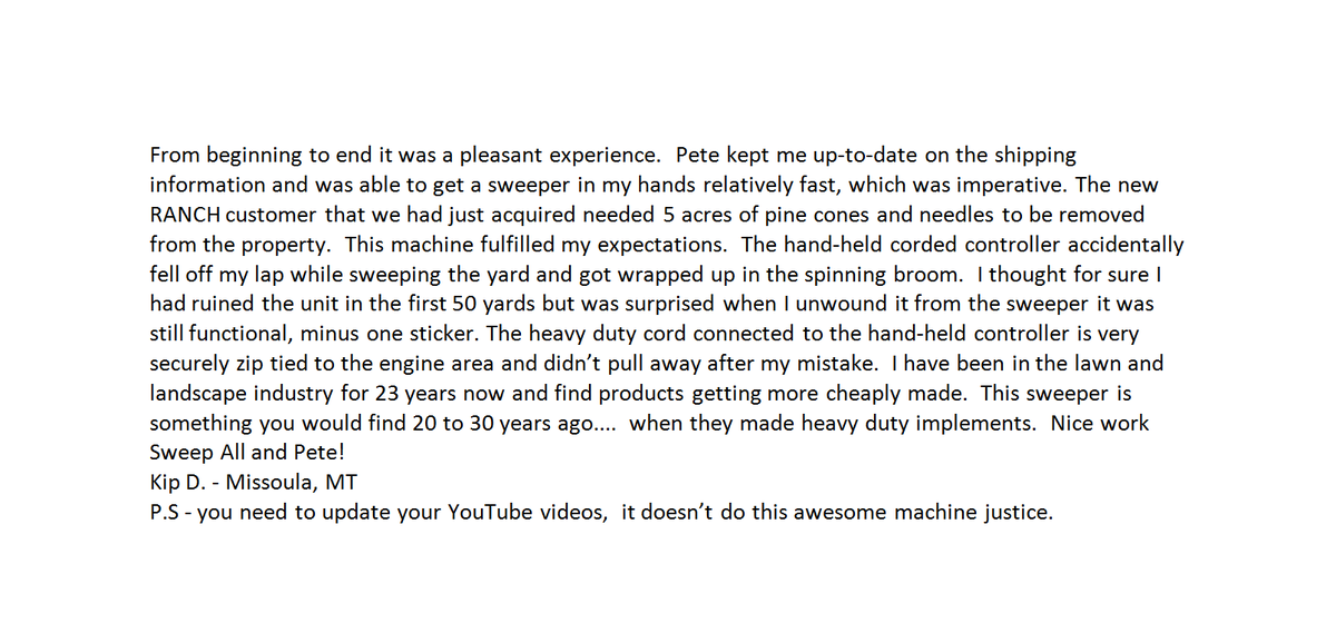 SweepAllTurf's tweet photo. Here is another product review from a proud Sweep-All owner from Missoula MT. Thanks Kip! #sweepall #turfsweeper #lawncontractor #contractor #lawncare #turfcare #homenoutdoors #thetop10pro #lawnsweeperreviews #wisepick #tenbestproduct #quality #landscaper #landscaping #summerjobs https://t.co/pYSg8EjZNV