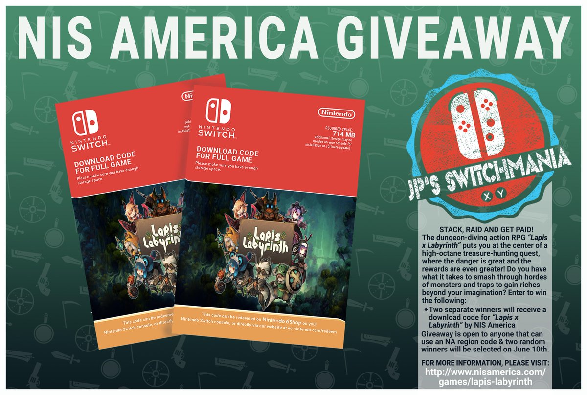 [CONTEST] For the 1st time ever, we've teamed up with <a href="/NISAmerica/">NISAmerica</a> for an amazing #giveaway of 2 x NA eShop codes for Lapis x Labyrinth!

✅Follow <a href="/JPSWITCHMANIA/">JP'S SWITCHMANIA</a> 
✅Follow <a href="/NISAmerica/">NISAmerica</a> 
✅Like &amp; RT
✅Tag a friend who'd love this game!

Open to all regions and winners picked 06/10!