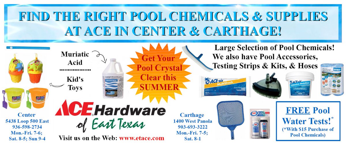 ☀️ S U M M E R 🏊‍♂️ I S 🏊‍♂️ N E A R ☀️

Visit your local Ace Hardware in Center and Carthage to get your pool crystal clear for the summer!

FREE pool test with select purchase amount ✨