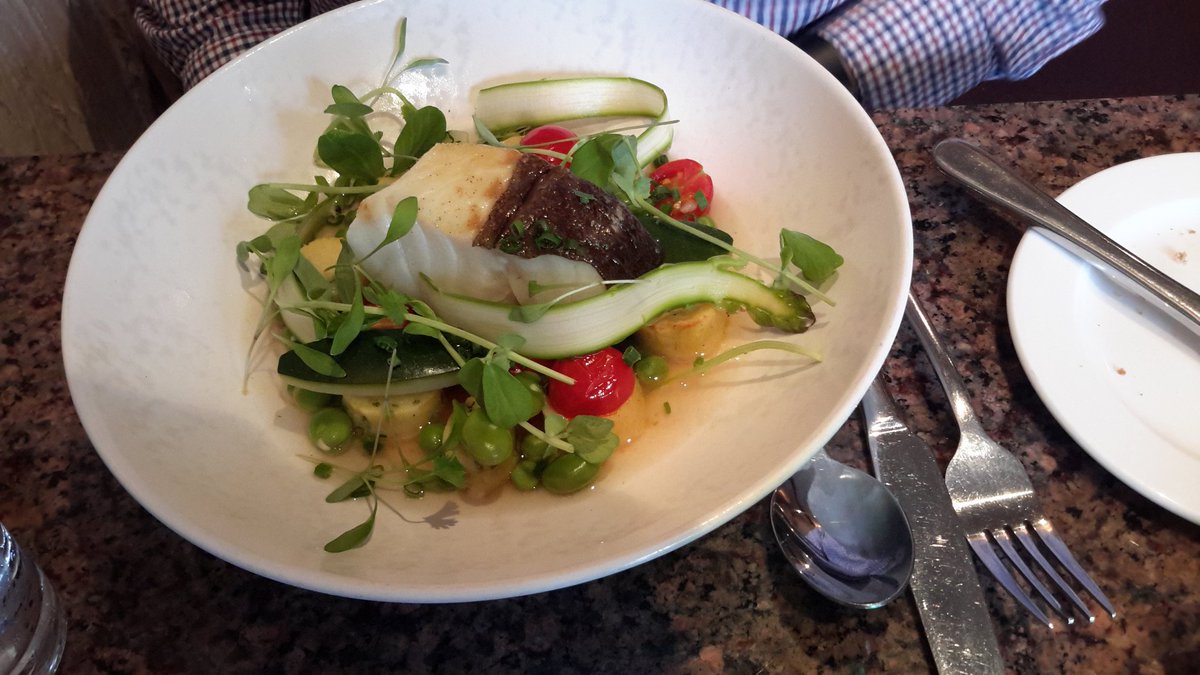 RibblesdaleC's tweet photo. Main courses @thirteenleyburn we both had cod loin. The broth was just incredible: light, but with rich flavour. Cod cooked to perfection.  Yes, I am raving,  but really, it is worth a visit to save about. #leyburn https://t.co/D0WCcrBqgH