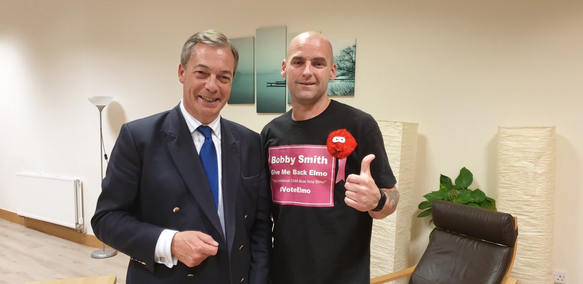 GiveMeBackElmo's tweet photo. Of all the senior politicians I've stood against or protested @Nigel_Farage is the only one who has shown support for my cause and posed for a picture. #Brexit views aside you can't deny he is friendly and approachable. A rarity in politics #Peterborough #peterboroughbyelection https://t.co/mAwwhiAmgo