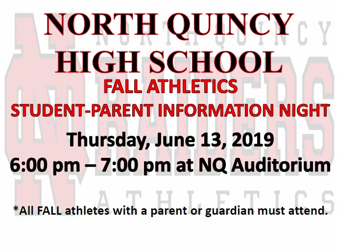QuincyPS's tweet photo. High School Fall Sports Information Nights:  NQHS, June 13 &amp; QHS, June 17 - https://t.co/kHJrbfH98a https://t.co/BWuZLbShZK
