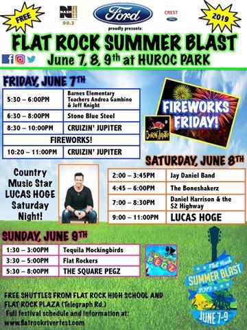 frriverfest's tweet photo. SUMMER BLAST BEGINS TODAY! Enjoy an evening of fun, FIREWORKS and fantastic music! The festivities get underway at 4pm with FREE FESTIVAL SHUTTLES available at Flat Rock High School and the Flat Rock Plaza. 
Festival Hours:
Friday: 4-11pm
Saturday: 11am-11pm
Sunday: 12-8pm https://t.co/foB0UNT83i