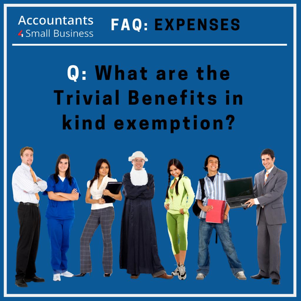 Acc4Business's tweet photo. Q: What are the trivial benefits in kind #exemption? 
A: A trivial benefit has to satisfy a number of conditions in order to qualify for the trivial #benefits in kind exemption. 
--------------------- 
For more info click here: https://t.co/JKD8NSXPL9 and we'd be happy to help! https://t.co/zcI7n0ptX8